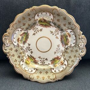 Antique Sam Alcock Scalloped Porcelain Plate, Gold Gilt, Landscapes, 1835, 9.5"